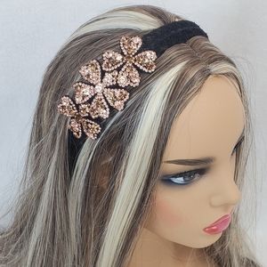 Yellow Gold Crystals Floral Black Lace Hair Band